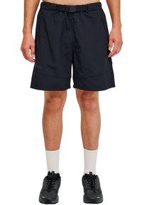 Marinblå shorts med elastisk midja och justerbart bälte, med två sidofickor och sydd fåll. Lättviktsmaterial med en mjuk textur.