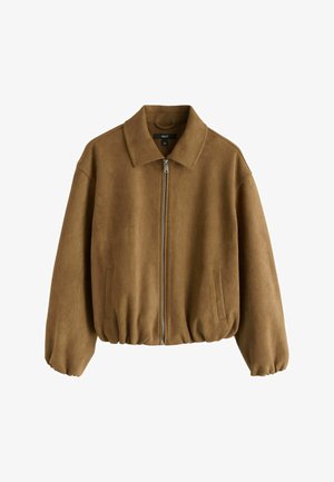 Brown suede zip-up jacket with collar, elasticated cuffs, and hem, featuring two side pockets and a loose fit.