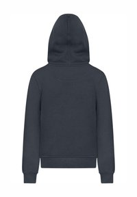Felpa con cappuccio blu navy, dal taglio rilassato, con polsini e orlo a costine. Tessuto morbido, con dettagli di cucitura minimi sul retro.