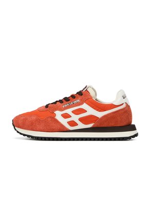 Orange and white suede and fabric sneaker with black laces, branded side panel, and a black and white grooved sole.