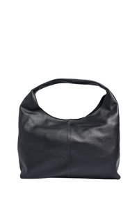 Sort læder skuldertaske med en afrundet top, glat tekstur og en enkelt bred rem. Har en søm ned i midten for struktur.