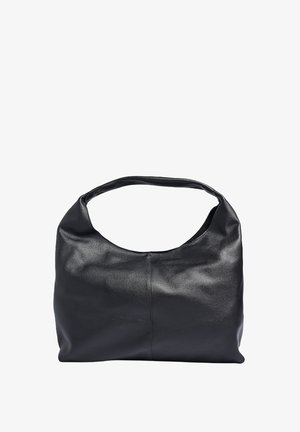Borsa a spalla in pelle nera con parte superiore arrotondata, texture liscia e una sola tracolla ampia. Presenta una cucitura al centro per conferire struttura.