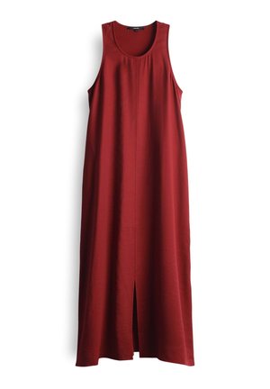 Red sleeveless maxi dress in smooth fabric with a central seam and a front slit, featuring a rounded neckline and a relaxed fit.