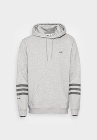 Šedá mikina vyrobená z bavlněné směsi, s přední kapsou, nastavitelnou kapucí se šňůrkou a třemi šedými pruhy na rukávech.