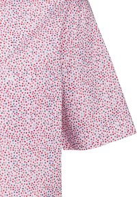 Camicia a maniche corte in tessuto rosa chiaro con un motivo a pois multicolori sparsi in tonalità di rosso, blu navy e viola.