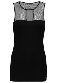 Mustaton ilmanhiha dressi, jossa on tiukka vartalo-osa, verkko yläosa ja avaus yksityiskohta kaula-aukossa.