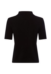 Schwarzes Polohemd mit kurzen Ärmeln, gerippter Textur und umgeschlagenem Kragen. Verfügt über dezente vertikale Nähte für zusätzliche Details.