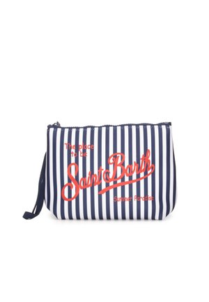 Pochette con cerniera a righe blu navy e bianche con cinturino da polso e testo rosso con la scritta "The place to be Saint Barth Summer Paradise."