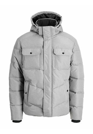Gray puffer jacket with a hood, featuring four front pockets, snap closures, and a textured fabric. Includes a black inner lining.