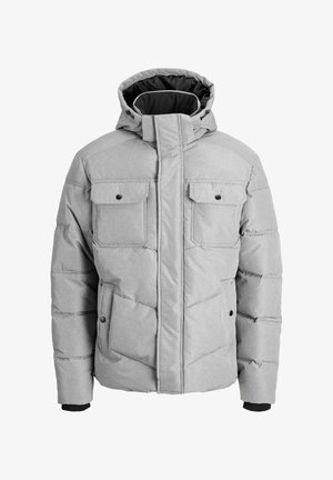 Gray puffer jacket with a hood, featuring four front pockets, snap closures, and a textured fabric. Includes a black inner lining.
