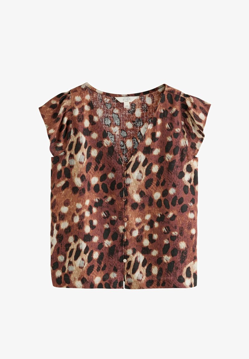 Blouse en lin à imprimé léopard marron, noir et blanc, à boutons, manches courtes à volants et col en V.