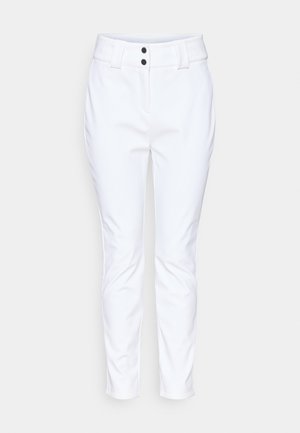 Hvite skreddersydde bukser med smal passform, med en glatt tekstur, to svarte knapper i midjen og en kort lengde.