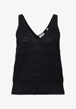 Top noir en maille sans manches avec col en V et fines rayures horizontales texturées, étiquette Esprit à l’intérieur de l'encolure.