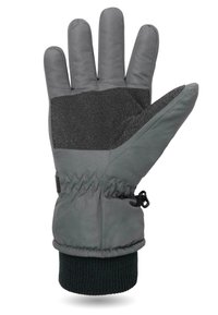Graue Winterhandschuhe mit einer strukturierten schwarzen Handfläche und einem Handgelenk. Enthält einen schwarzen gerippten Bund und eine verstellbare Handgelenkschließe für einen sicheren Sitz.