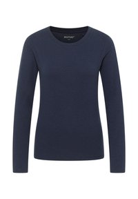 Langärmliges, marineblaues Baumwolloberteil mit rundem Halsausschnitt und glatter Textur; besitzt ein Markenlabel im Nackenbereich.