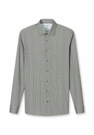 Chemise pour homme à manches longues avec boutons, en motif à carreaux gris fin, col pointu et poignets à boutons, posée à plat sur fond blanc.
