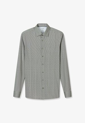 Herrenlangarmhemd mit Knopfleiste in feinem grauen Karomuster, spitzem Kragen und mit Knöpfen versehene Manschetten, flach auf weißem Hintergrund liegend.