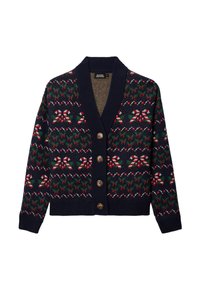 Cardigan bleu marine avec un motif festif en rouge, vert et blanc. Il présente un col châle, cinq boutons marron et des poignets et une bordure côtelés.