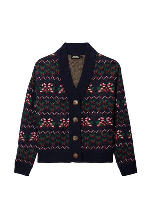 Cardigan bleu marine avec un motif festif en rouge, vert et blanc. Il présente un col châle, cinq boutons marron et des poignets et une bordure côtelés.