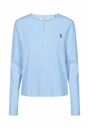 Svetlomodrý kardigán s dlhými rukávmi na zapínanie na gombíky, so zaobleným výstrihom a malým vyšívaným logom hráča polo na ľavej strane hrudníka.