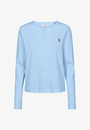 Šviesiai mėlynas, ilgomis rankovėmis, užsegamas kardiganas su apvalia iškirpte ir mažu siuvinėtu polo žaidėjo logotipu kairėje krūtinės pusėje.