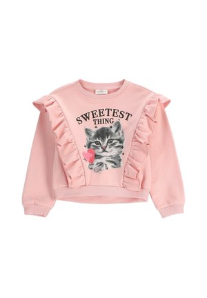 Różowa dziecięca bluza z długim rękawem, falbankami i grafiką kociaka trzymającego różowe serce, z podpisem "Sweetest Thing."