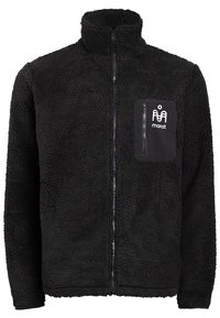 Czarny polarowy kurtka z wysokim kołnierzem, zamkiem z przodu i elastycznymi mankietami. Ma kieszeń na zamek błyskawiczny na piersi z logo na teksturowanej naszywce.