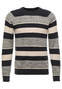 Sweter w paski w kolorze granatowym, beżowym i szarym. Posiada okrągły dekolt, ściągacze na mankietach i na dolnym wykończeniu oraz teksturowany wzór z dzianiny.