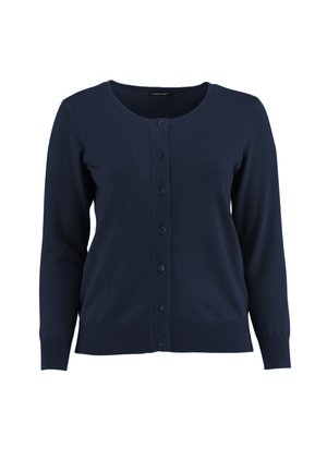 Cardigan pour femme de couleur bleu marine avec col rond, manches longues et fermeture à boutons sur le devant avec sept boutons.