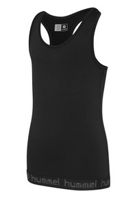 Sort atletisk top med rundt halsudskæring og racerback-design. Har et tekstureret logo-bånd forneden. Lavet af et strækbart materiale.