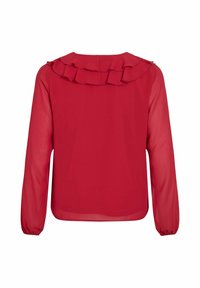 Blusa rossa con maniche lunghe, caratterizzata da un colletto arricciato. Realizzata in un tessuto trasparente, con una texture liscia e un design dal fit comodo.