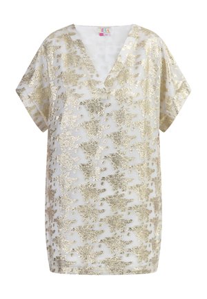 Weißes Oberteil mit V-Ausschnitt, das goldene metallische Blumenmuster aufweist. Kurze Ärmel und lockere Passform. Leichter Stoff.