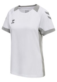 Short-sleeve white athletic shirt with gray accents on the shoulders and sides, featuring a breathable mesh texture and logo detail.