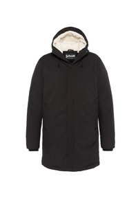 Chaqueta exterior negra con capucha forrada de piel, cierre frontal de cremallera, bolsillos laterales y un diseño sencillo. Tejido grueso con una textura suave.