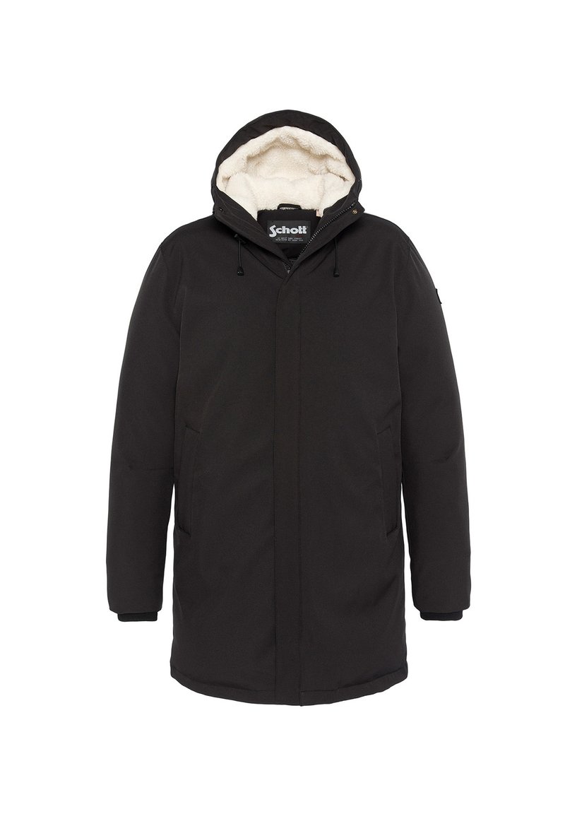 Chaqueta exterior negra con capucha forrada de piel, cierre frontal de cremallera, bolsillos laterales y un diseño sencillo. Tejido grueso con una textura suave.