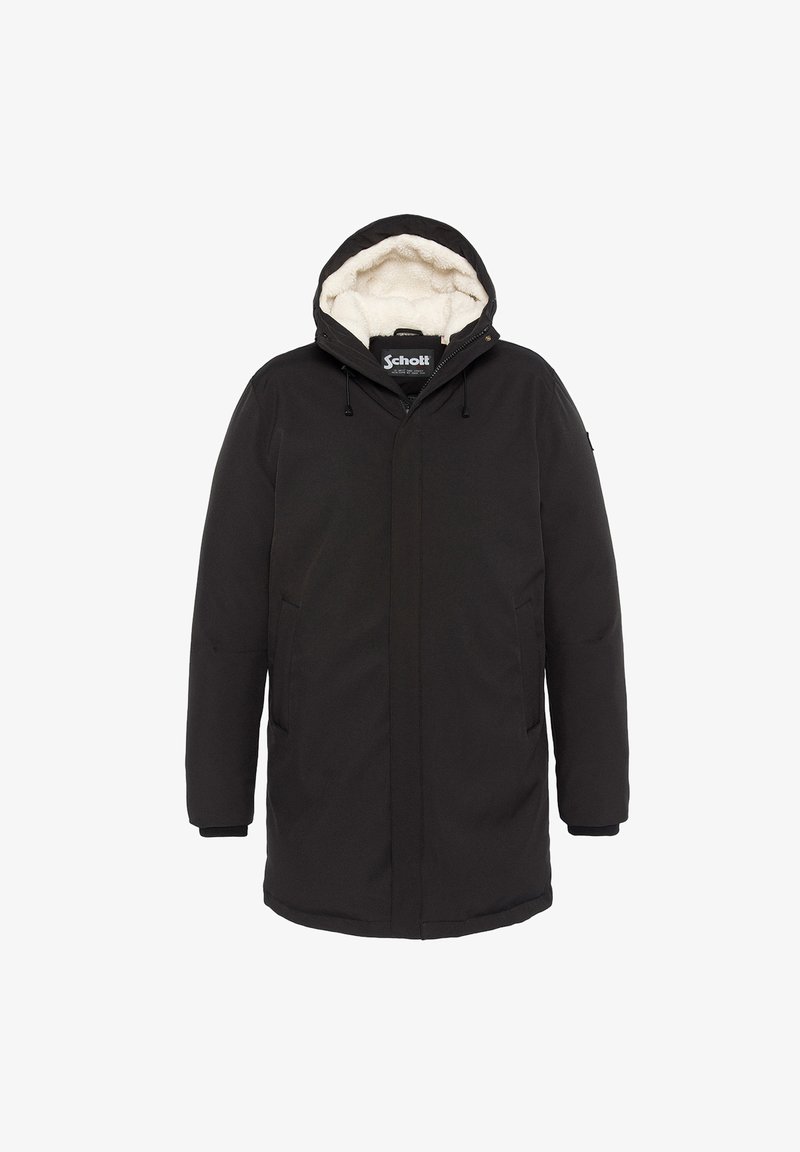 Schwarze Außenjacke mit einer mit Fell gefütterten Kapuze, vorderem Reißverschluss, Seitentaschen und einem schlichten Design. Dickes Material mit glatter Textur.