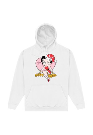 Biała bluza z kapturem z kreskówkowym rysunkiem Betty Boop w czerwonej sukience i czapce Mikołaja, na różowym tle w kształcie serca oraz napisem "Betty Boop".