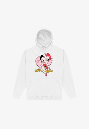 Hvid hættetrøje med en tegneserieillustration af Betty Boop i en rød kjole og julehue, med en pink hjertebaggrund og teksten "Betty Boop".