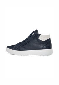 Navy leather high-top sneaker with white accents, round toe, front laces, and side zipper. Textured surface with a rubber sole.