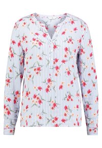 Blommig långärmad skjorta med blå och vita ränder. Har färgglada blommor och en knäppning i halsen.