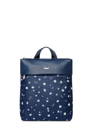 Navy blue backpack with floral pattern, made of fabric and a smooth leather top. Features a small handle and silver zipper closure.