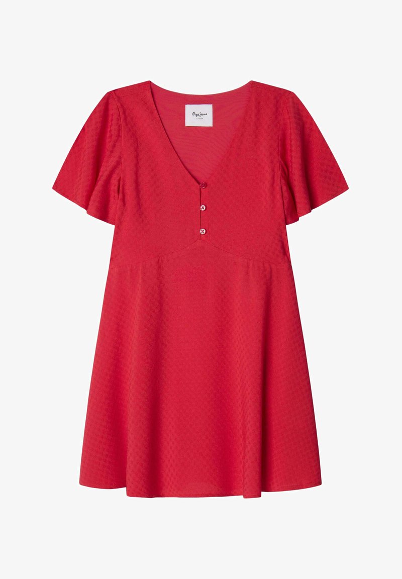 Crvena haljina kratkih rukava s V-izrezom, s tri dugmeta sprijeda i teksturiranim uzorkom po cijeloj haljini. Rašireni rub.