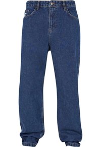 Blå denimjeans med en avslappet passform, med et klassisk fem-lommers design, beltehemper og subtile gule sømmer.