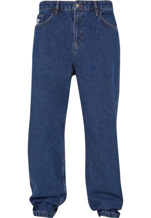 Blue denim jeans with a relaxed fit, featuring a classic five-pocket design, belt loops, and subtle yellow stitching accents.