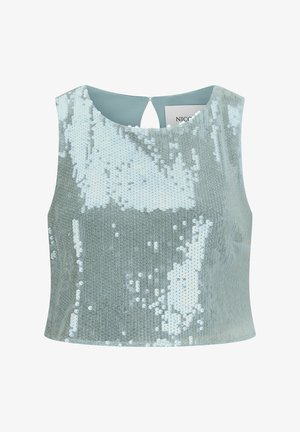 Pailletten-Crop-Top in Hellblau mit glatter Textur. Verfügt über einen runden Halsausschnitt und ein Detail mit Schlüssel-Loch im Rücken. Eleganter Schimmer durch Pailletten.