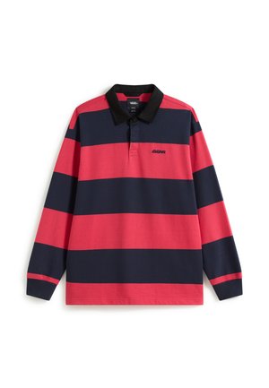 Langärmliges Rugby-Shirt mit breiten horizontalen roten und marineblauen Streifen, schwarzem Kragen und kleinem Vans-Logo auf der Brust.