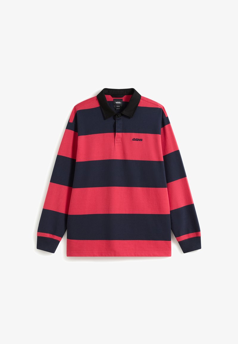 Maillot de rugby à manches longues avec larges rayures horizontales rouges et bleu marine, col noir et petit logo Vans sur la poitrine.