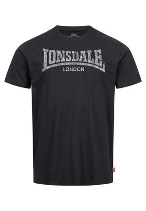 Black cotton t-shirt featuring a white vintage-style "Lonsdale London" graphic across the chest; standard fit with a crew neckline.
