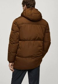 Brown puffer jacket with a hood, featuring quilted sections and a smooth texture. Designed for warmth with a relaxed fit and simple cut.