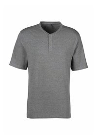 Graues Kurzarm-Henley-Shirt aus einem strukturierten Stoff, mit Rundhalsausschnitt und einer Knopfleiste mit drei Knöpfen sowie horizontalen Streifen.